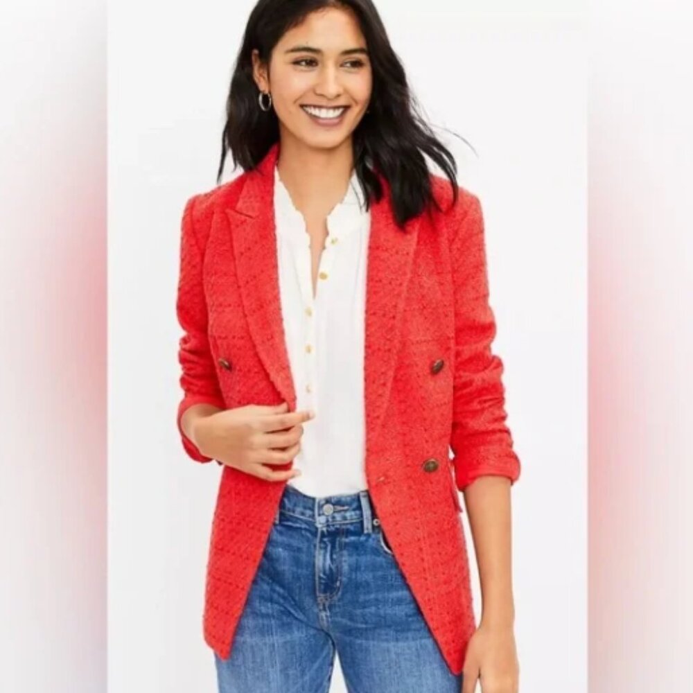 NWT LOFT Tweed Rapture Red Coral Double Breasted Blazer Jacket Size 4
